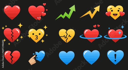 Collection of vector heart emojis on a black background for graphic design