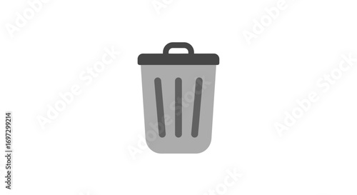 Minimalist gray trash can icon with lid on white background illustration