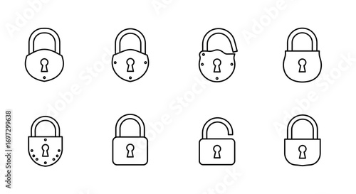 Collection of linear padlock icons illustrating various security states and designs