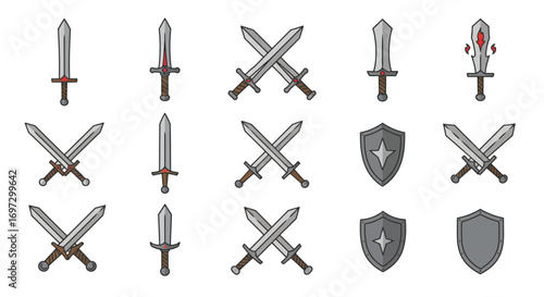 Collection of cartoon swords and shields for game assets and illustrations