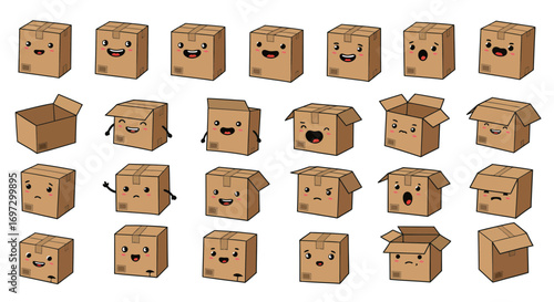 Collection of adorable cartoon cardboard boxes with varied emotional expressions