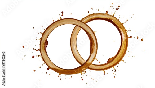 Two Interlocking Coffee Rings with Micro Splashes on White Background
