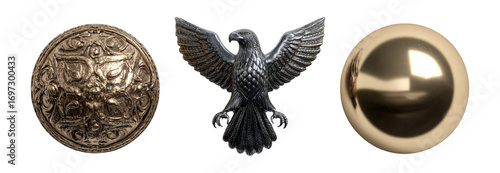 Decorative Elements: Ornate Sphere, Eagle Emblem, Shiny Sphere