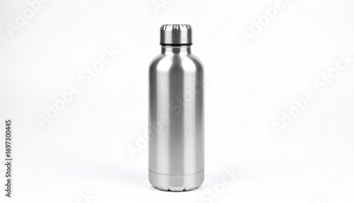 Silver Stainless Steel Water Bottle on White Background