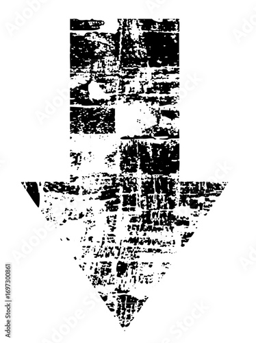 Vector Abstract downward arrow formed from distressed vector shapes.