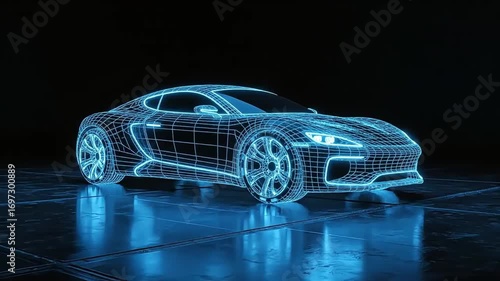 Digital wireframe model of a futuristic car concept. A glowing blue hologram of a modern sports vehicle on a reflective surface. Advanced automotive design and technology illustration