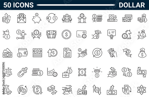 Dollar line editable icon set. Containing money, payment, currency, dollar, price, bank, earning, and more. Editable stroke. Vector illustration