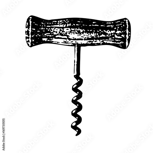 Vector Vintage corkscrew with detailed worm and textured handle.