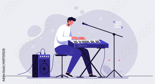 This minimalist flat design vector illustration features a musician skillfully playing a keyboard or synthesizer during a dynamic live music performance.