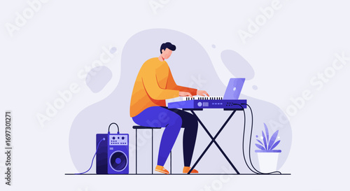 This minimalist flat design vector illustration features a musician skillfully playing a keyboard or synthesizer during a dynamic live music performance.