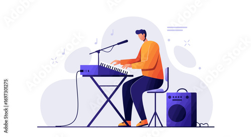 This minimalist flat design vector illustration features a musician skillfully playing a keyboard or synthesizer during a dynamic live music performance.