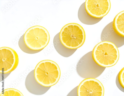 Lemon slices arranged in a pattern on a white background, casting shadows