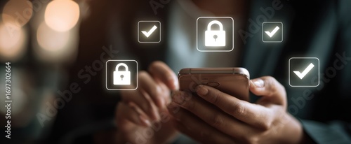 Holding smartphone, digital check marks and padlock icons floating. Security concept, dark suit, hands interacting tech