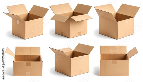 Cardboard boxes, various angles, open and closed