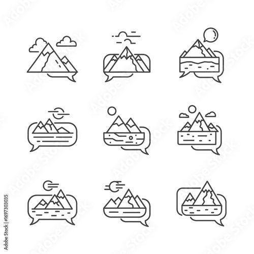 A collection of nine linear icons depicting mountain landscapes inside speech bubbles.