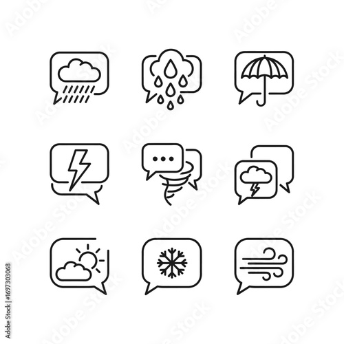 A set of weather forecast icons in speech bubbles, illustrating communication about rain, sun, snow, wind, and storms with minimalist line art.