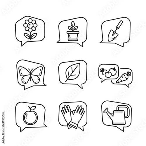 A set of nine black and white line art icons related to gardening and nature, each enclosed in a speech bubble.