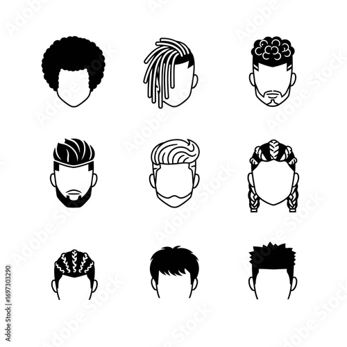 A collection of nine diverse male hairstyles presented as black and white faceless head icons.