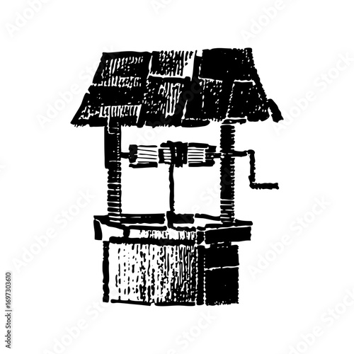 Vector Rustic well with a wooden structure and crank handle.