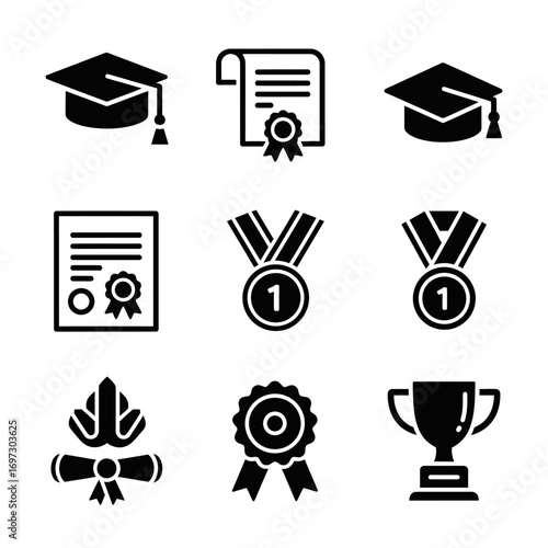 A set of nine black icons representing academic achievement, graduation, and awards, including caps, diplomas, medals, and a trophy.