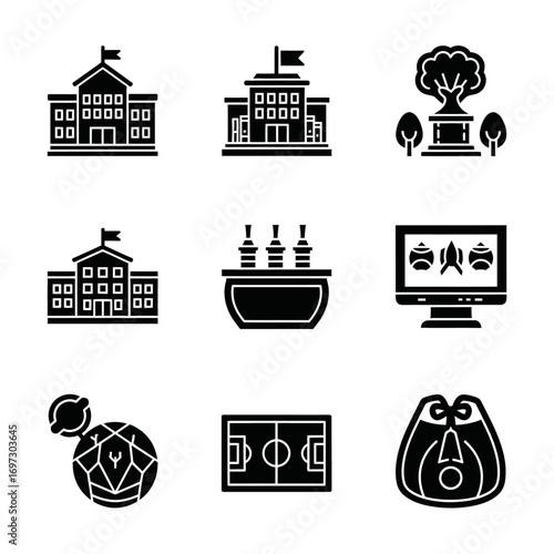 A diverse collection of black glyph icons featuring university buildings, a park monument, a video game, a soccer field, and a globe.
