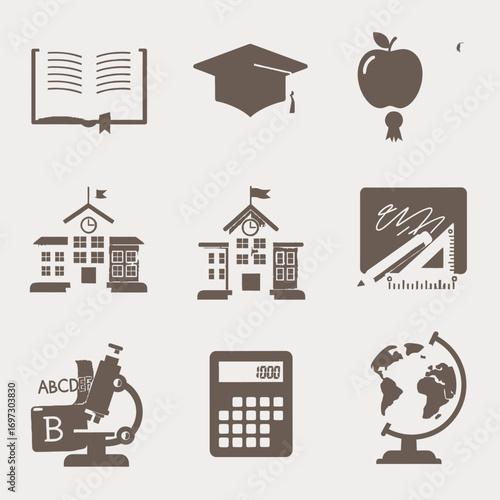 A grid of nine brown icons symbolizing education, knowledge, and academic achievement.