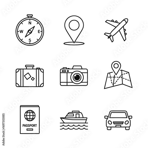 A collection of nine black and white line art icons representing travel, tourism, and vacation essentials like a compass, airplane, and passport.