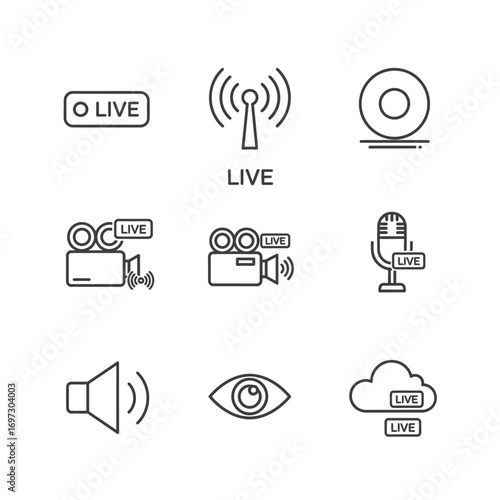 A set of nine black outline icons representing live streaming, video broadcasting, and online media technology.