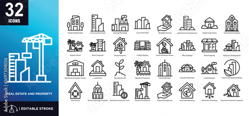 Real Estate and Property line icon set
