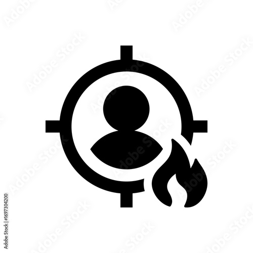 Solid icon of aiming at a user avatar with fire, symbolizing hot lead targeting, customer focus, lead generation, marketing strategy, user acquisition, and business growth.