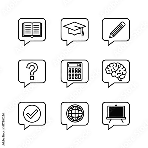 A set of nine thin line icons representing education, learning, and school subjects inside speech bubbles.