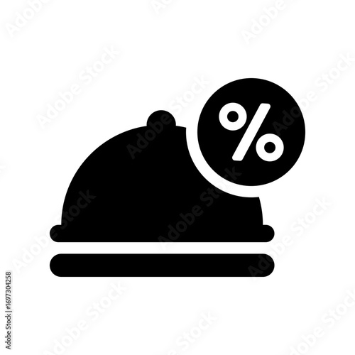 Solid cloche icon with percentage symbol, symbolizing restaurant discount, special offer, menu deal, and promotion