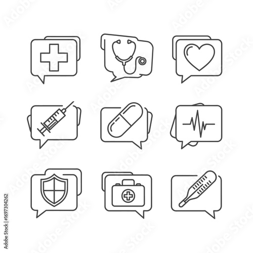 A set of nine thin line medical and healthcare icons inside speech bubbles representing health communication.