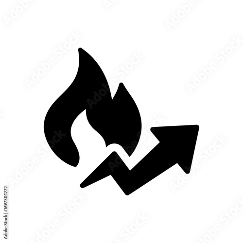 Solid fire icon with upward arrow, symbolizing trending topics, hot content, viral growth, and rising popularity, representing social media trends, marketing momentum, and online engagement.