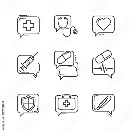 A set of thin line icons representing medical and healthcare concepts, such as first aid, diagnosis, and treatment, enclosed in speech bubbles.