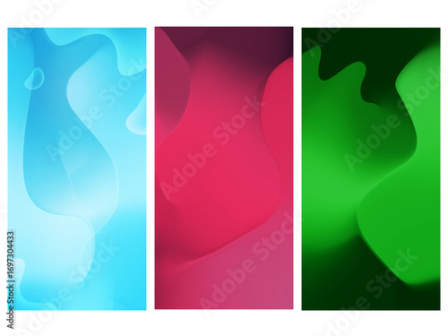 A set of tree abstract sky blue, red, green gradient on dynamic fluid live wave mesh, modern wall art textured wallpaper background.