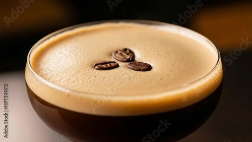 Exquisite espresso martini cocktail with coffee bean garnish, perfect for bar menus, drink promotions, or showcasing beverage photography