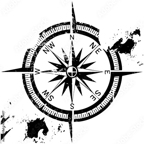 Vector Vintage compass rose with directional markings.
