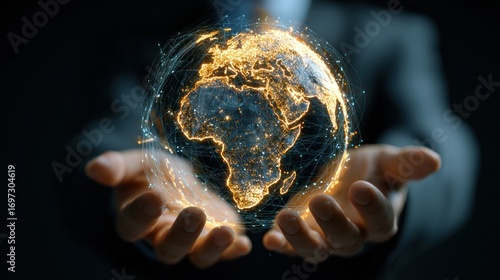 World globe, glowing with digital connections, cradled in hands of a business man wearing a suit