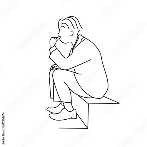 スーツ姿で椅子に座り考え込む男性をシンプルな線画で描いたベクターイラスト｜ビジネスシーンでの思考や判断を表現したモノクロ人物素材