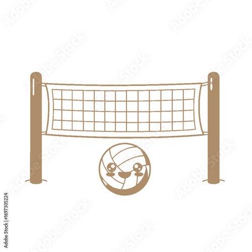 Adorable cartoon volleyball with a happy face next to a volleyball net