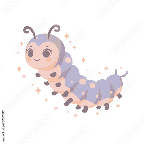 Adorable cartoon caterpillar with a sweet smile surrounded by sparkling stars