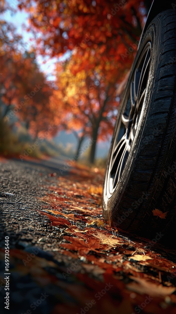 custom made wallpaper toronto digitalLeaf Peeping & Scenic Drives, close-up of car tire on scenic forest road with red autumn leaves, highlighting seasonal mobility, rural infrastructure resilience, and immersive travel preparation