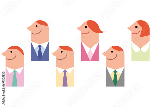 Stylized cartoon business people in profile view, various colors and expressions.