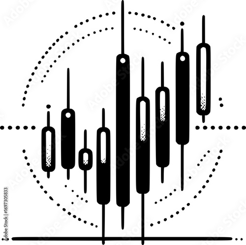 Minimalist black and white vector of stock market candlestick chart, simple line art financial trading symbol for investment and analysis