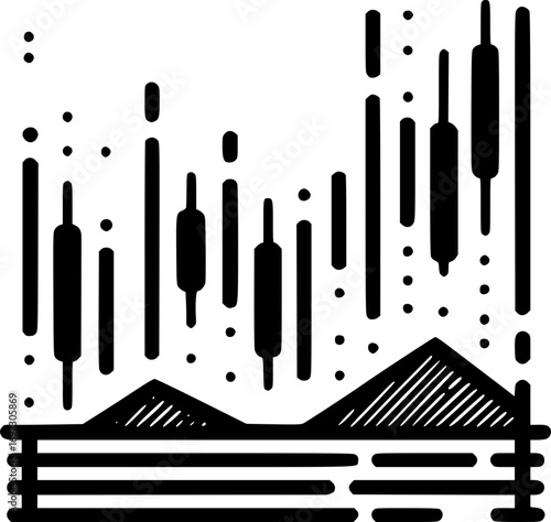 Minimalist black and white vector of stock market candlestick chart, simple line art financial trading symbol for investment and analysis