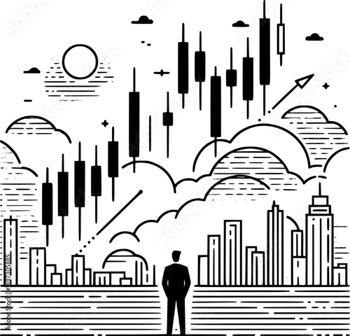Minimalist black and white vector of stock market candlestick chart, simple line art financial trading symbol for investment and analysis