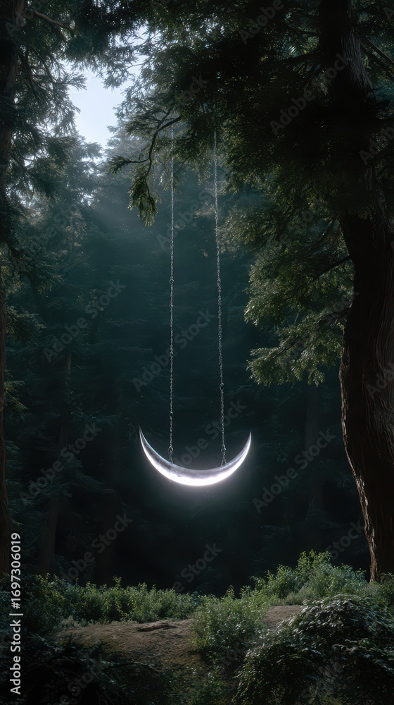 Obraz premium A serene, moon-shaped swing hangs between trees in a dark forest, creating a magical, tranquil atmosphere.