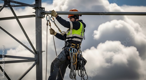 Tower Climber Securing Ropes on Metal Structure Against Cloudy Sky