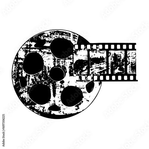 Vector Vintage film reel and strip in distressed style.